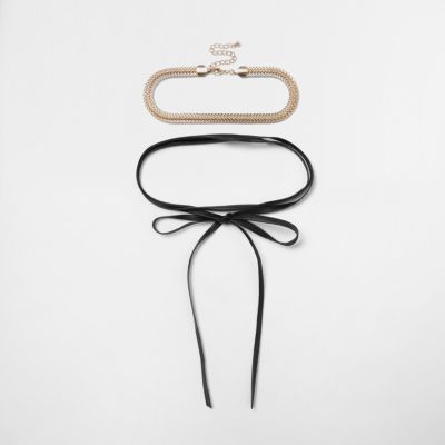 Gold tone choker bow wrap necklace set